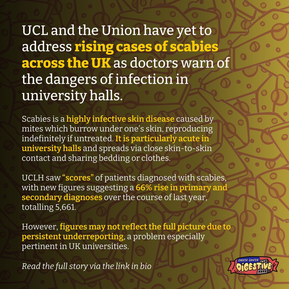 Despite warnings from doctors, neither UCL nor The Students’ Union have addressed the growing number of scabies cases across UK universities, writes <a href="/robertjdelaney3/">Robert Delaney</a> 

⬇️ read the full story here 

cheesegratermagazine.org/2024/11/11/sca…