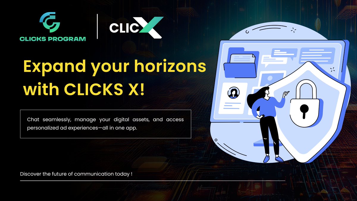 ClicksProgram's tweet image. 🚀 Expand your horizons with CLICKS X!

Chat seamlessly, manage your digital assets, and access personalized ad experiences—all in one app. 

🌐Discover the future of communication today! 

#Web3 #Innovation #SocialWallet #Clicksx #Defi #Blockchain #Airdrop #airdropcrypto #CDAO