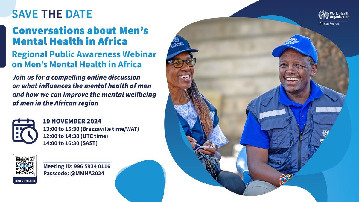 Join us for an insightful webinar on men’s mental health in Africa!
We'll discuss key factors affecting mental well-being and ways to enhance mental health support for men across the region.

📅 Date: November 19, 2024
🕒 Time: 13:00-15:30 (Brazzaville time)

Scan the QR code to