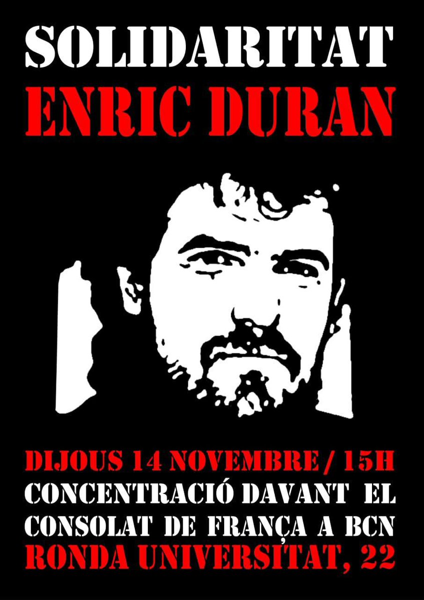 AlertaSolidaria's tweet photo. 🫂 Fins que s'acabi aquesta presó provisional de pur escarment i sense base jurídica, NOVA CONCENTRACIÓ PER LA #LlibertatEnricDuran

➡️ Concentració al Consulat de l'Estat francès de Barcelona ⤵️ https://t.co/GCCx1tS7qd