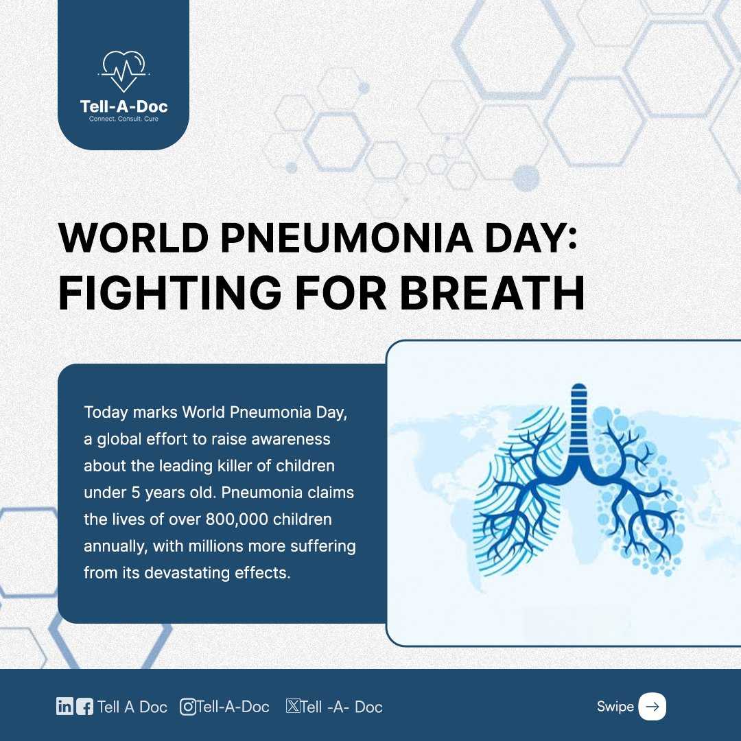 Tell_A_Doc's tweet photo. Today is #WorldPneumoniaDay
Did you know? Pneumonia claims the lives of 800,000 children EVERY YEAR!
Together, we can #StopPneumonia , increase vaccination & save lives ❤️
#WorldPneumoniaDay #HealthcareInnovation #vaccination #telladoc Lagos https://t.co/DxEI3T7qcW