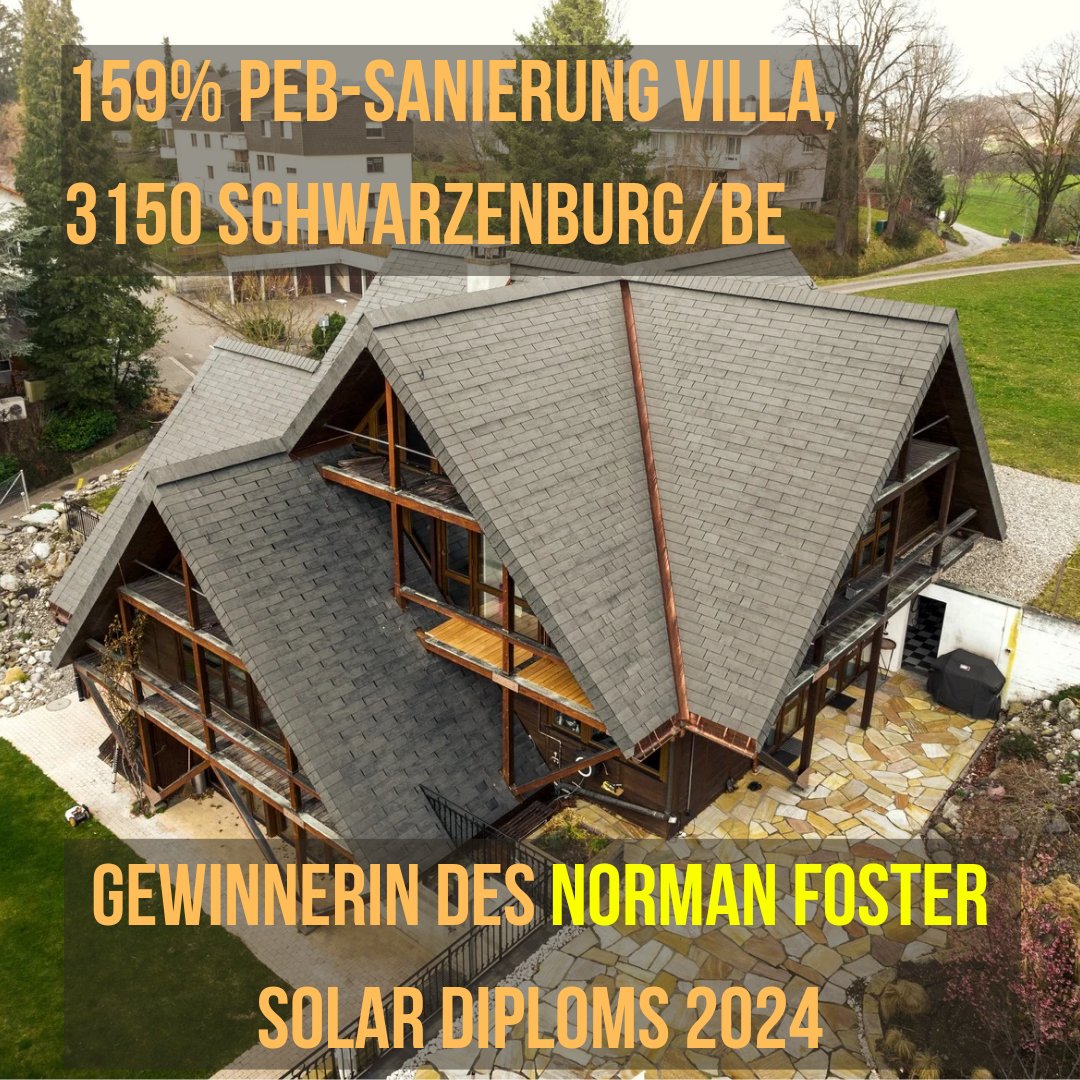 SolarAgenturCH's tweet photo. 🏆 Herzliche Gratulation! Die Villa in Schwarzenburg/BE wurde mit dem Norman Foster Solar Diplom 2024 ausgezeichnet! 🌞💡 Mit einer Eigenenergieversorgung von 159% setzt sie neue Massstäbe in der Solararchitektur und Energieeffizienz! 💚🌍 Mehr Infos unter https://t.co/rtTZ0ef2o0 https://t.co/iclhDfL1JB