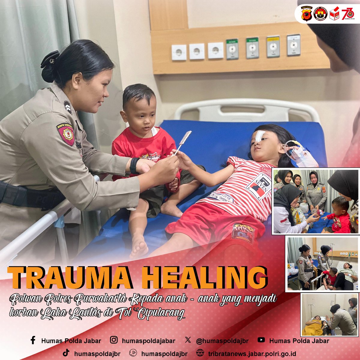 TRAUMA HEALING
Polwan Polres Purwakarta Kepada anak - anak yang menjadi korban Laka Lantas di Tol Cipularang