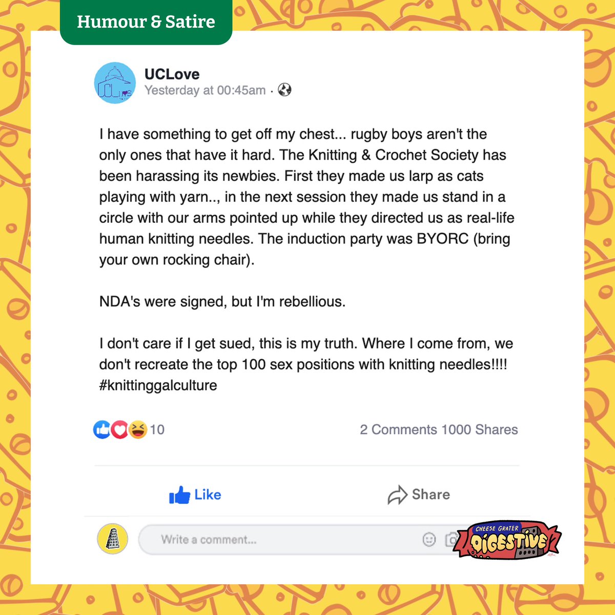 Having been revived from the brink of death, UCLove returns better than ever in our most recent satire article from Shreya Jammalamadaka and Shriya Srinivasan.

⬇️ Have a laugh via the link below 

cheesegratermagazine.org/2024/11/11/spo…