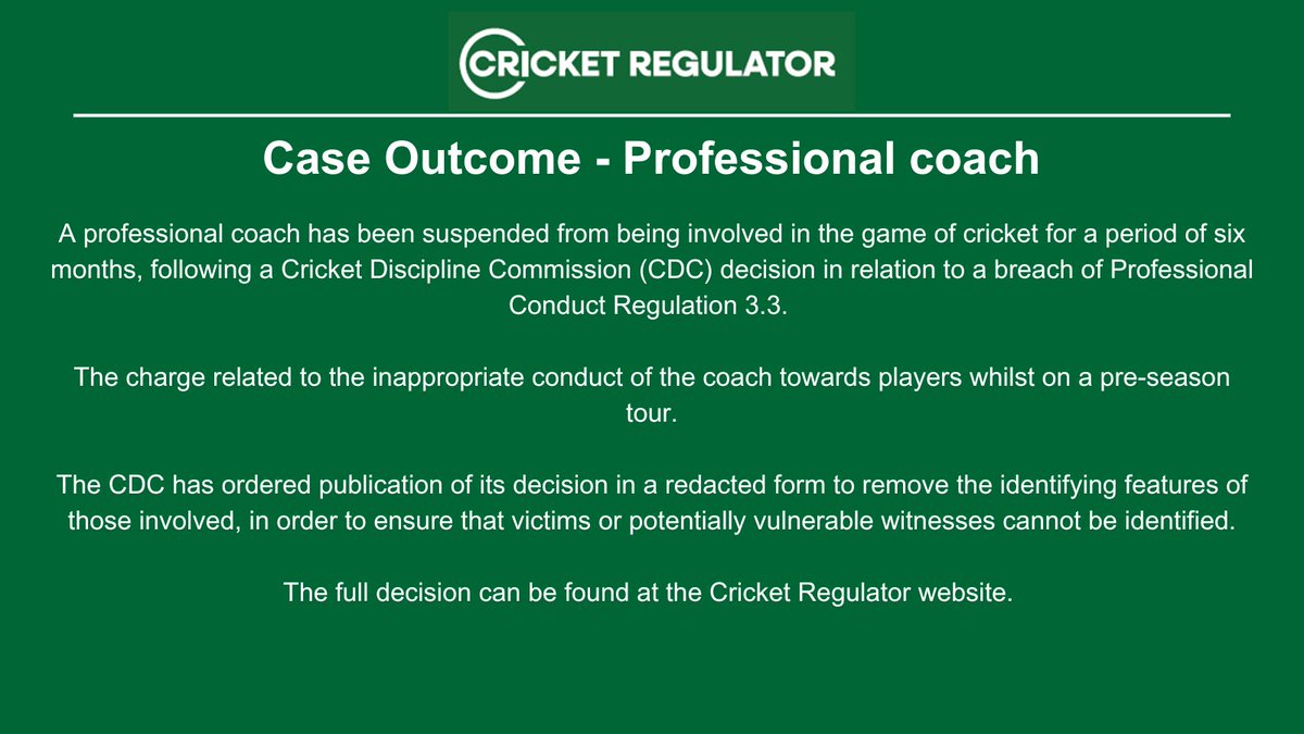 Case outcome: Professional coach

cricketregulator.co.uk/news/4166951/c…