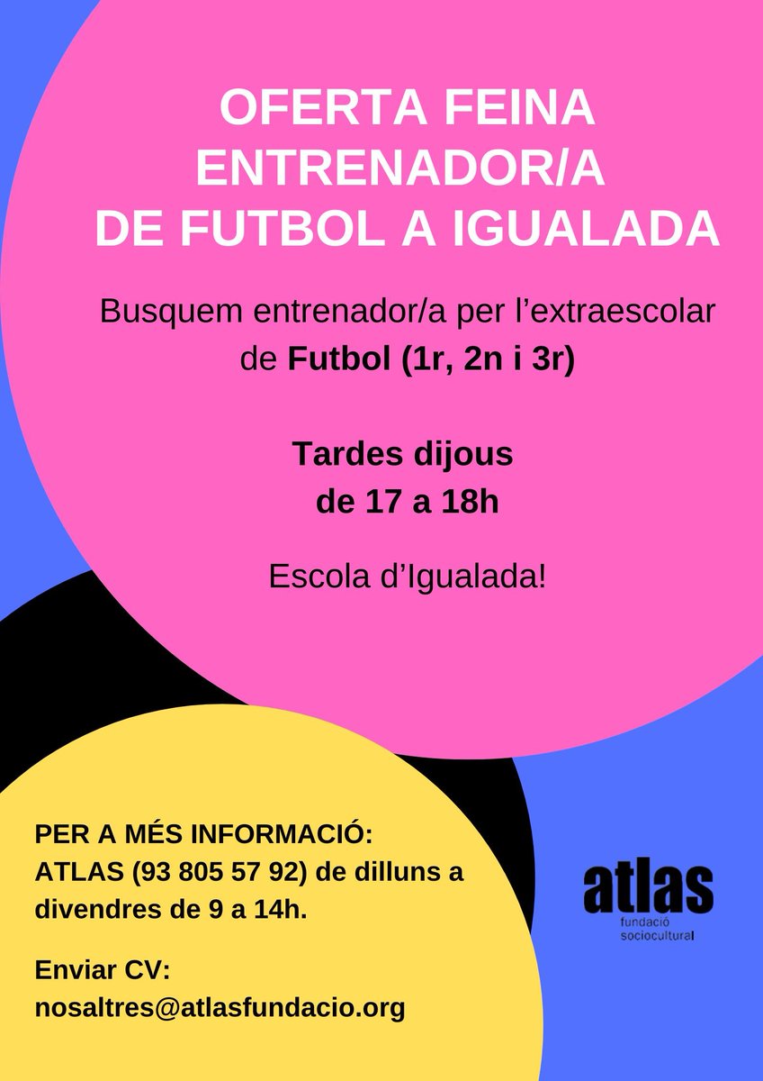 Oferta de feina: monitor/a de futbol les tardes de dijous a Igualada! #ATLAS