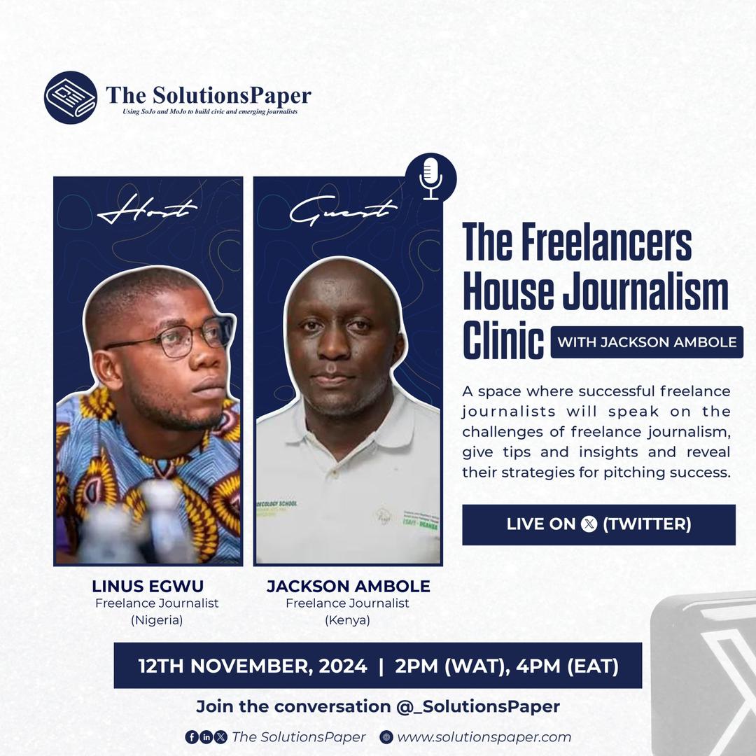 Join us today at 2 pm (WAT) for the Freelance Journalism Clinic on X (Twitter) Space, where @amboleoka, a freelance journalist, will share his experiences, how to tackle the industry's challenges and reveal their top strategies for pitching success.
 
x.com/i/spaces/1MnGn…