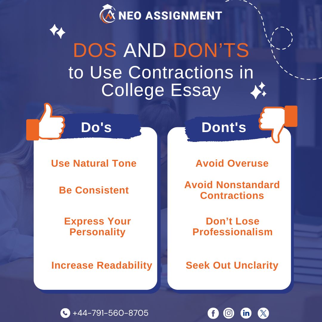 NeoAssignment's tweet image. DOS AND DON’TS To Use Contractions in College Essay.

Follow Neo Assignment experts&apos; do’s and don’ts to ensure A+ academic grades.
.
.
#dosanddonts #assignment #assignmentwriting #essaywriting #academicwriting #neoassignment