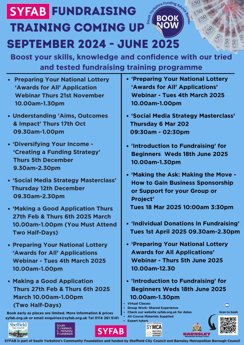 SYFAB South Yorkshire Funding Advice Bureau (@syfab) on Twitter photo We can deliver these workshops anywhere in the country or online tailored to your group, organisation or activity. Just get in touch enquiries@syfab.org.uk
syfab.org.uk/events.aspx
SYFAB is part of <a href="/SYCF1986/">South Yorkshire's Community Foundation</a> <a href="/UKCF_tweets/">UK Community Foundations</a> <a href="/yorkshirefunder/">CarlaMarshall</a> We can deliver these workshops anywhere in the country or online tailored to your group, organisation or activity. Just get in touch enquiries@syfab.org.uk
syfab.org.uk/events.aspx
SYFAB is part of <a href="/SYCF1986/">South Yorkshire's Community Foundation</a> <a href="/UKCF_tweets/">UK Community Foundations</a> <a href="/yorkshirefunder/">CarlaMarshall</a>