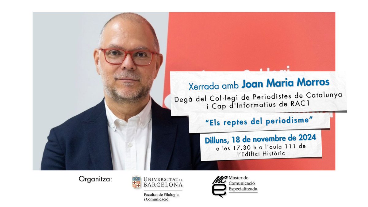 Filologia i Comunicació UB (@filcomub) on Twitter photo #Agenda | Xerrada amb <a href="/joanmariamorros/">Joan Maria Morros Cuadras</a>, degà del <a href="/periodistes_cat/">Col·legi de Periodistes de Catalunya</a> i cap d'informatius de <a href="/rac1/">RAC1</a>, sobre la feina del periodisme per lluitar contra les fakes news i per adaptar-se a la IA.
📅 18 de novembre
🕔 17:30h
📍Aula 111
➡️Més informació: ub.edu/portal/web/fil… #Agenda | Xerrada amb <a href="/joanmariamorros/">Joan Maria Morros Cuadras</a>, degà del <a href="/periodistes_cat/">Col·legi de Periodistes de Catalunya</a> i cap d'informatius de <a href="/rac1/">RAC1</a>, sobre la feina del periodisme per lluitar contra les fakes news i per adaptar-se a la IA.
📅 18 de novembre
🕔 17:30h
📍Aula 111
➡️Més informació: ub.edu/portal/web/fil…