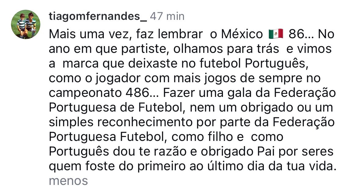 Tiago Fernandes, filho de Manuel Fernandes, crítica a FPF por não recordar o pai na gala Quinas de Ouro.