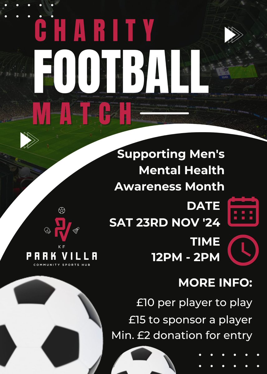 Fancy getting involved? 

#mensmentalhealthawareness #charityfootballmatch #parkvillacommunitysportshub #parkvillafootballdevelopment #mentalk #getinvolved #footballfirst #mentalhealth #exfootballers #footballers #ballers #footballleagues