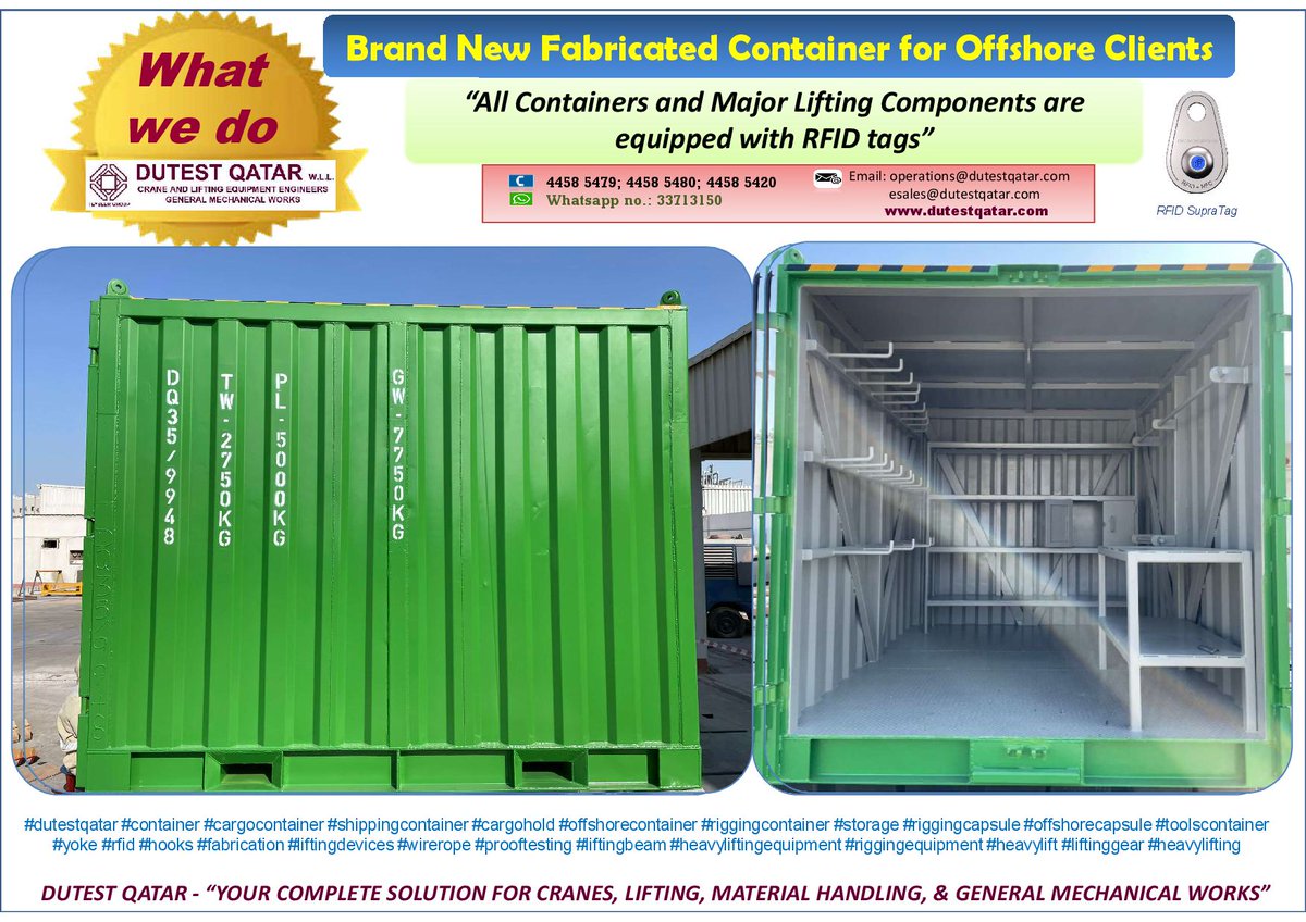 We supply Brand New Fabricated Container for Offshore Client. Call or 'WhatsApp' us at 33713150 for any Lifting, Shifting, General Fabrication, and Other Material Handling Needs. #dutestqatar #cargocontainer #shippingcontainer #offshorecontainer 
dutestqatar.com