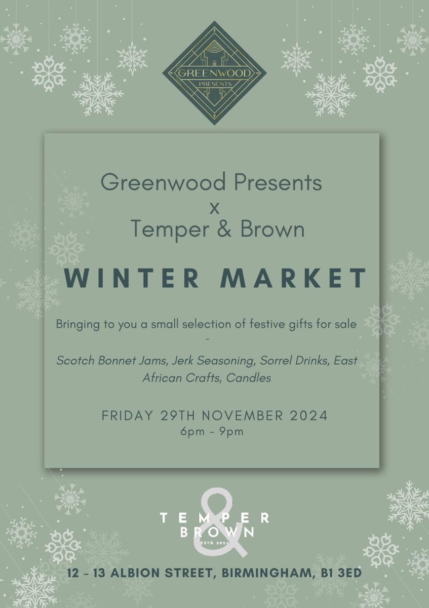 Now for our next event. We will have a small selection of goodies for sale - perfect for the gifting season at our #wintermarket <a href="/temperandbrown/">Temper & Brown</a> on Friday 29th November 6pm-9pm. #jerksauce #chillijams <a href="/GellaKitchen/">Gella’s</a> #sorreldrinks #africancrafts &amp; #candles 🌶 🥤 🕯#tistheseason ❄️