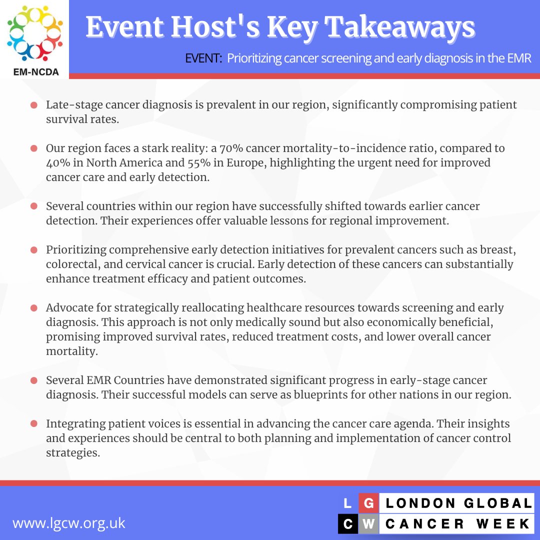 Read <a href="/emrncda/">Eastern Mediterranean NCD Alliance</a>'s Key Takeaways from their session on 'Prioritizing cancer screening and early diagnosis in the EMR'. #CancerScreening #EarlyDiagnosis #CancerAwareness #HealthEquity #LGCW2024 #GlobalHealth