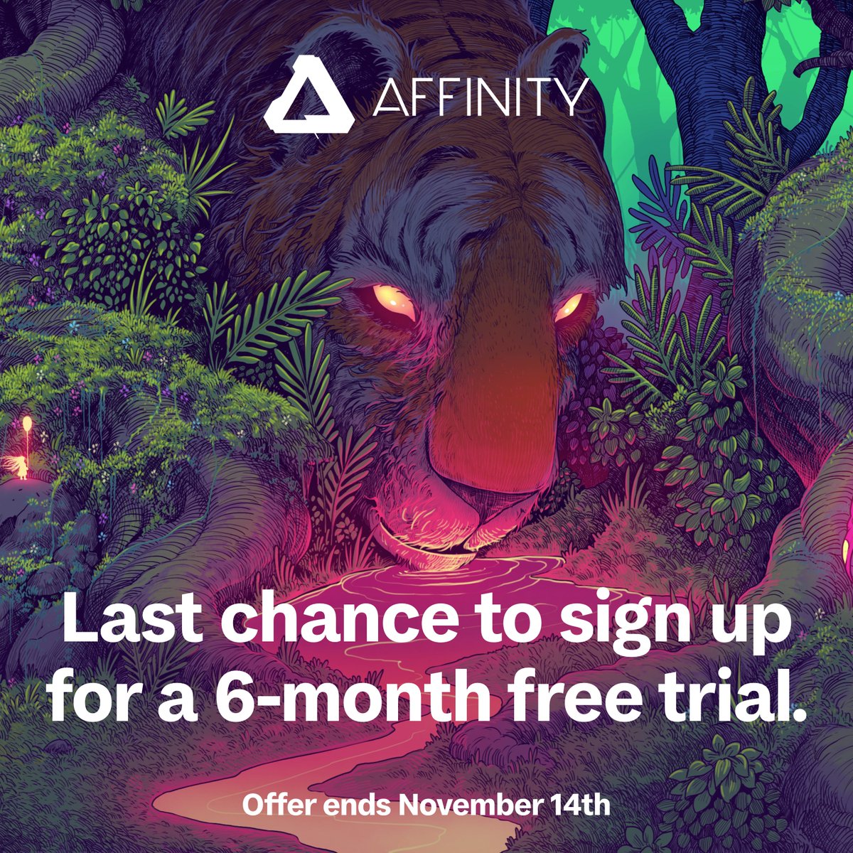Affinity's tweet image. Don’t miss the chance to sign up for a 6-month free trial of Affinity Photo, Affinity Designer and Affinity Publisher – offer ends 10am (UK time), November 14.

Head over to our website to sign up now – no strings attached or payment details required affin.link/6oub…