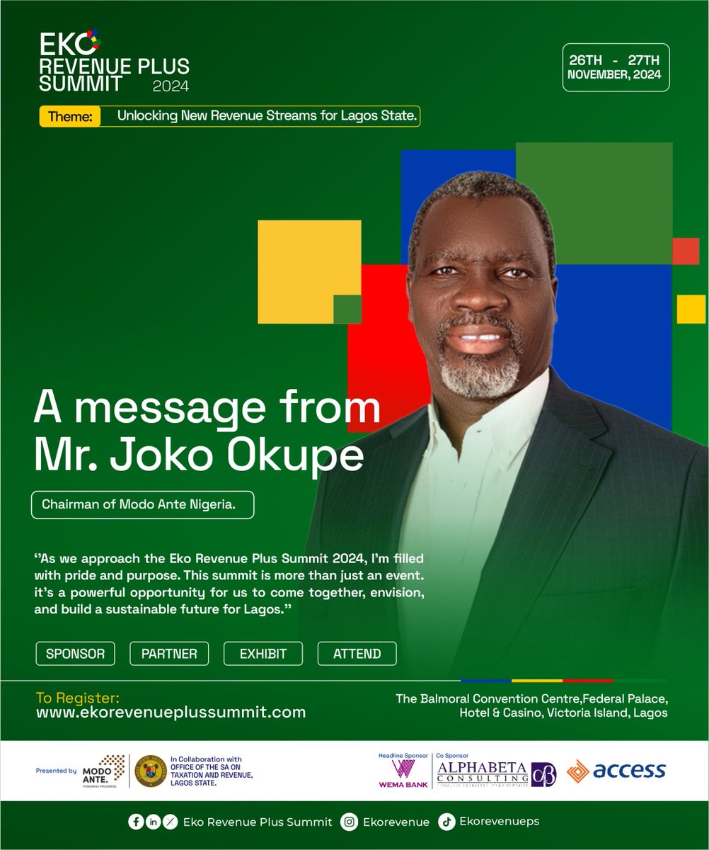 Dear Lagosians, partners, and friends—our future is in our hands! The Eko Revenue Plus Summit 2024 isn’t just a gathering; it’s a chance to ignite sustainable growth across Lagos. Let’s work together to create impactful change and unlock Lagos’s full potential. Join us!  
Warmly,