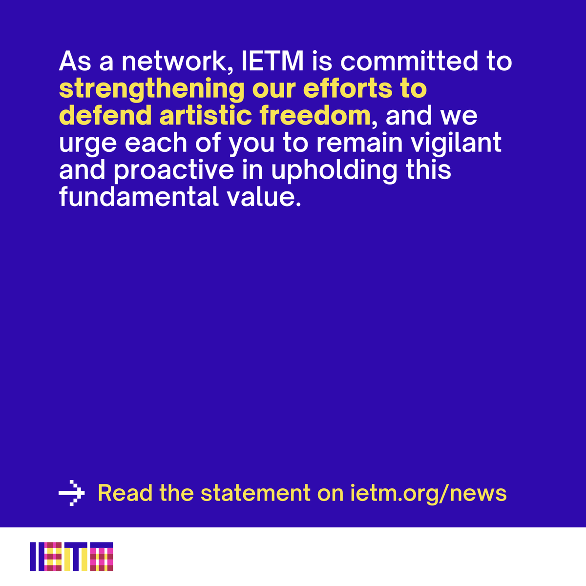 🚨 We are alarmed by the growing attacks on artistic freedom across the globe

As a network committed to to free expression and pluralism, we urge each of you to remain proactive in upholding this fundamental value.  

⏩ Read our full statement: ietm.org/en/news/artist…