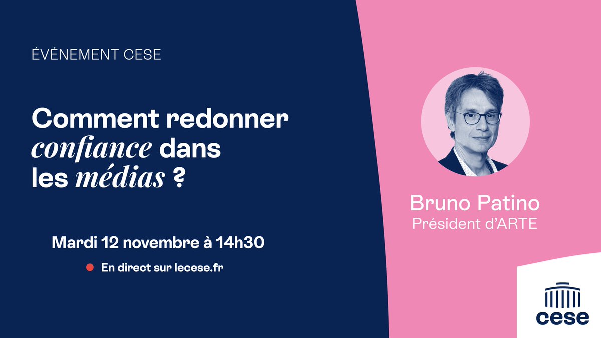 CESE (@lecese) on Twitter photo 📢 Événement | Comment redonner confiance dans les #médias ?
<a href="/brunopatino/">Bruno Patino</a>, président d’<a href="/ARTEfr/">ARTE</a> et président des <a href="/EGinformation/">États généraux de l'information</a>, sera présent au CESE pour débattre autour de cette question
🔎 lecese.fr/actualites/com… 📢 Événement | Comment redonner confiance dans les #médias ?
<a href="/brunopatino/">Bruno Patino</a>, président d’<a href="/ARTEfr/">ARTE</a> et président des <a href="/EGinformation/">États généraux de l'information</a>, sera présent au CESE pour débattre autour de cette question
🔎 lecese.fr/actualites/com…