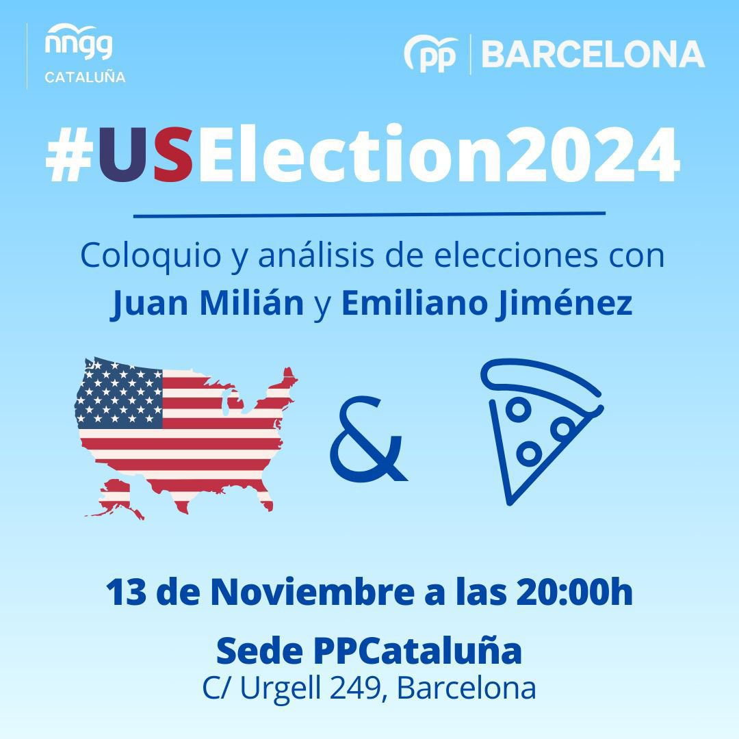 🇺🇸Coloquio y análisis de elecciones con <a href="/JuanMilian/">Juan Milián</a> y Emiliano Jiménez. 

🗓️13 de noviembre a las 20:00 horas.
📍Sede <a href="/PPCatalunya/">PP de Catalunya</a> (C/ Urgell, 249) 

#USElection2024