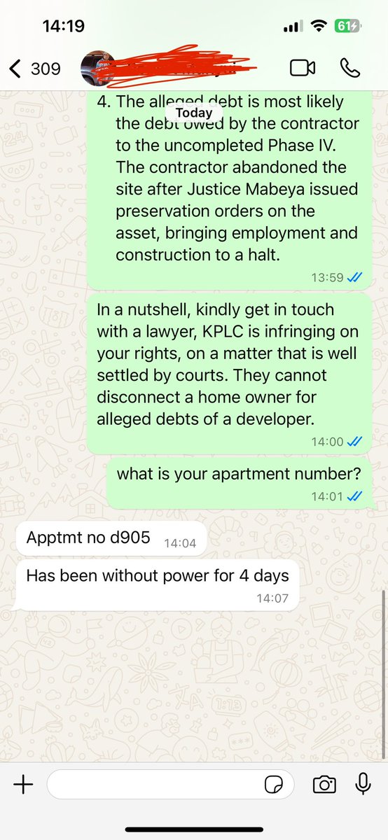 ehdande's tweet photo. @KenyaPower_Care @KenyaPower
To the Head of Legal at Kenya Power,
Please advise your Kiambu office reps to stop harassing the owner of apartment D905 At #TheAlma. You are exposing yourself to unnecessary legal risks as what they are doing to him is unlawful, you know that and that’s why you are unwilling to put it in writing.
I have advised them to quickly contact their lawyers.
