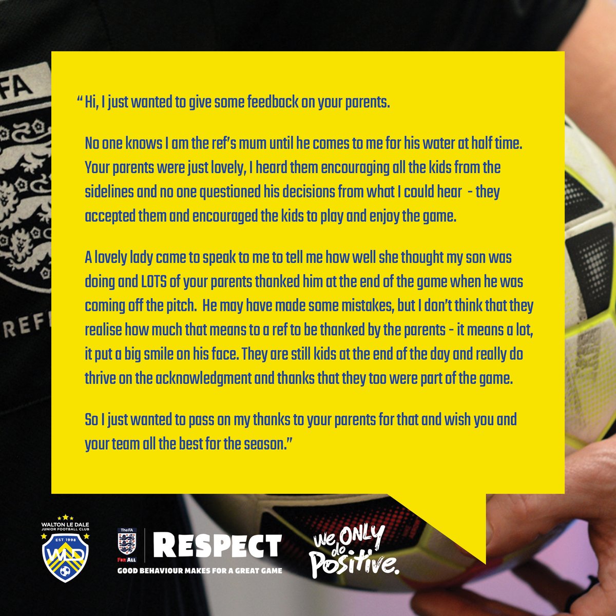 wldjfc's tweet image. So proud to receive feedback from the parent of a young referee this week. The perfect reminder of how big a part spectators play in junior football, and proof of how much we can make a difference to the young people who ref the games.
💛🖤
#grassrootsfootball #WeOnlyDoPositive