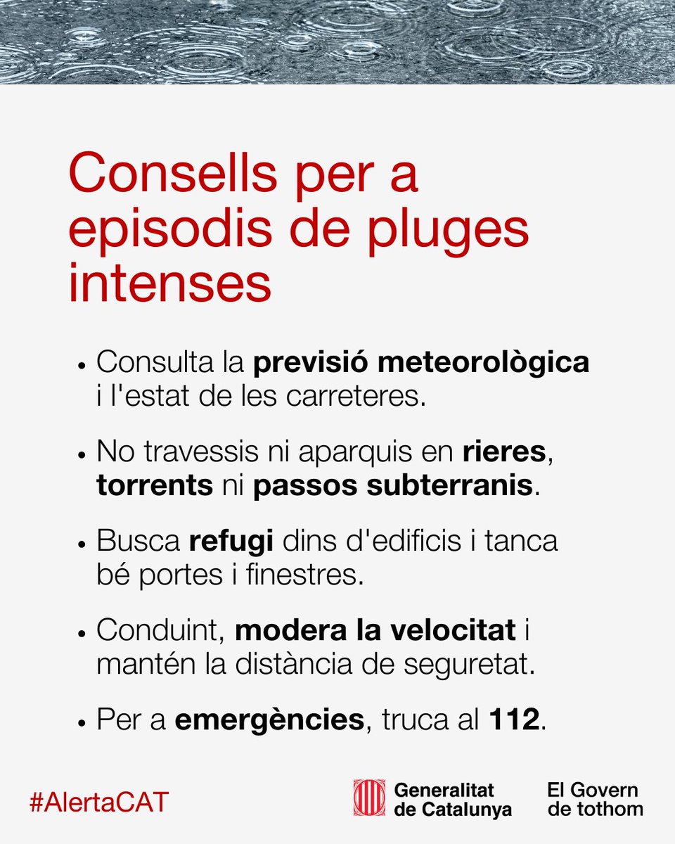 ⚠️ Avui i demà es preveuen pluges intenses a les Terres de l'Ebre, comarques del prelitoral de Tarragona i Barcelona i a l'Alt i Baix Empordà. 

⛈ Aniran acompanyades localment de tempesta.

📲 Segueix-ne l'evolució al <a href="/meteocat/">Meteocat</a> i <a href="/emergenciescat/">Protecció civil</a>. 

#AlertaCAT #INUNCAT