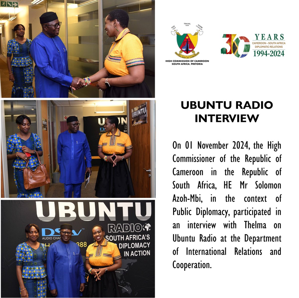 cameroonhc_sa's tweet photo. @UbuntuRadioZA Interview with the High Commissioner https://t.co/aThzLiKB0i