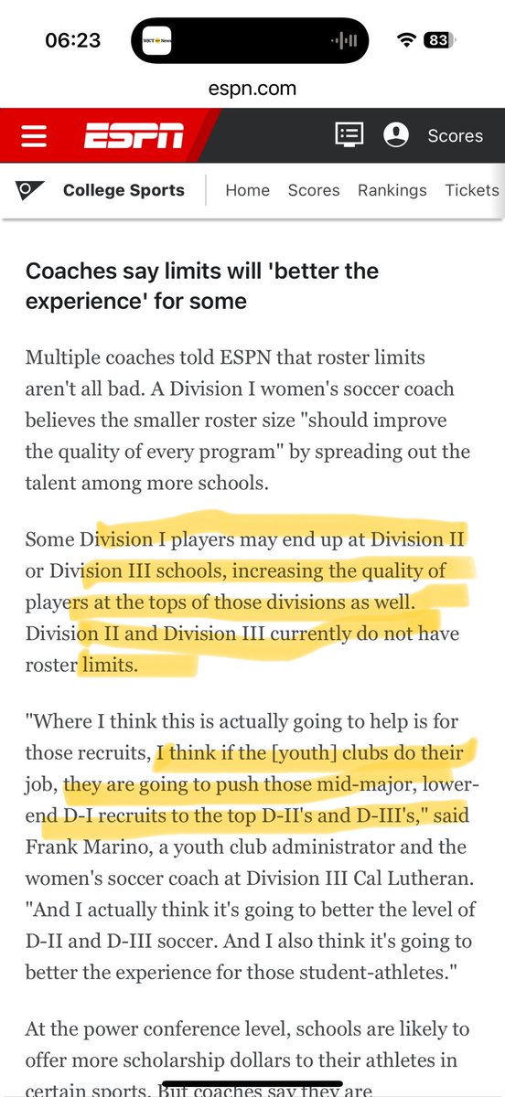 stevedittmore's tweet photo. I am intrigued by this ESPN article regarding DI roster limits shrinking and impacts on DII and DIII. If top DIII programs get stronger, in many sports it could widen the already strong competition gap between, say, NESCAC/UAA schools and NACC/GNAC schools. https://t.co/McNN0FferB