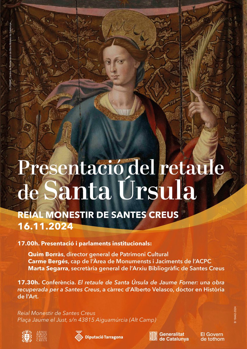 🔍El retaule renaixentista de Santa Úrsula torna al Reial Monestir de Santes Creus!

📍Aquest dissabte, acte de presentació i conferència a càrrec de @Velasc_Alberto, que explicarà la història de la peça.

<a href="/ABSantesCreus/">Arxiu Bibliogràfic de Santes Creus</a> #CRBMC

👉Més informació: gen.cat/3ULpiE8