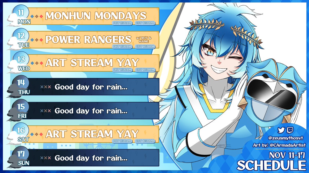 ZeusMythosVT's tweet photo. 🌩️⚡️ WEEKLY SCHEDULE ⚡️🌩️
Horribly delayed with the schedule but uh, here it is HAHAHAHA 🤣
🎨: @CArmadaArtist
General: #ZeusMythos
Live: #ZeusMythosLive
Art: #Zeulpture
Memes: #Zeumer
Clips: #Zeuted
Assets: #Zeussets
Questions: #AskZeus https://t.co/6tF3o1hM40