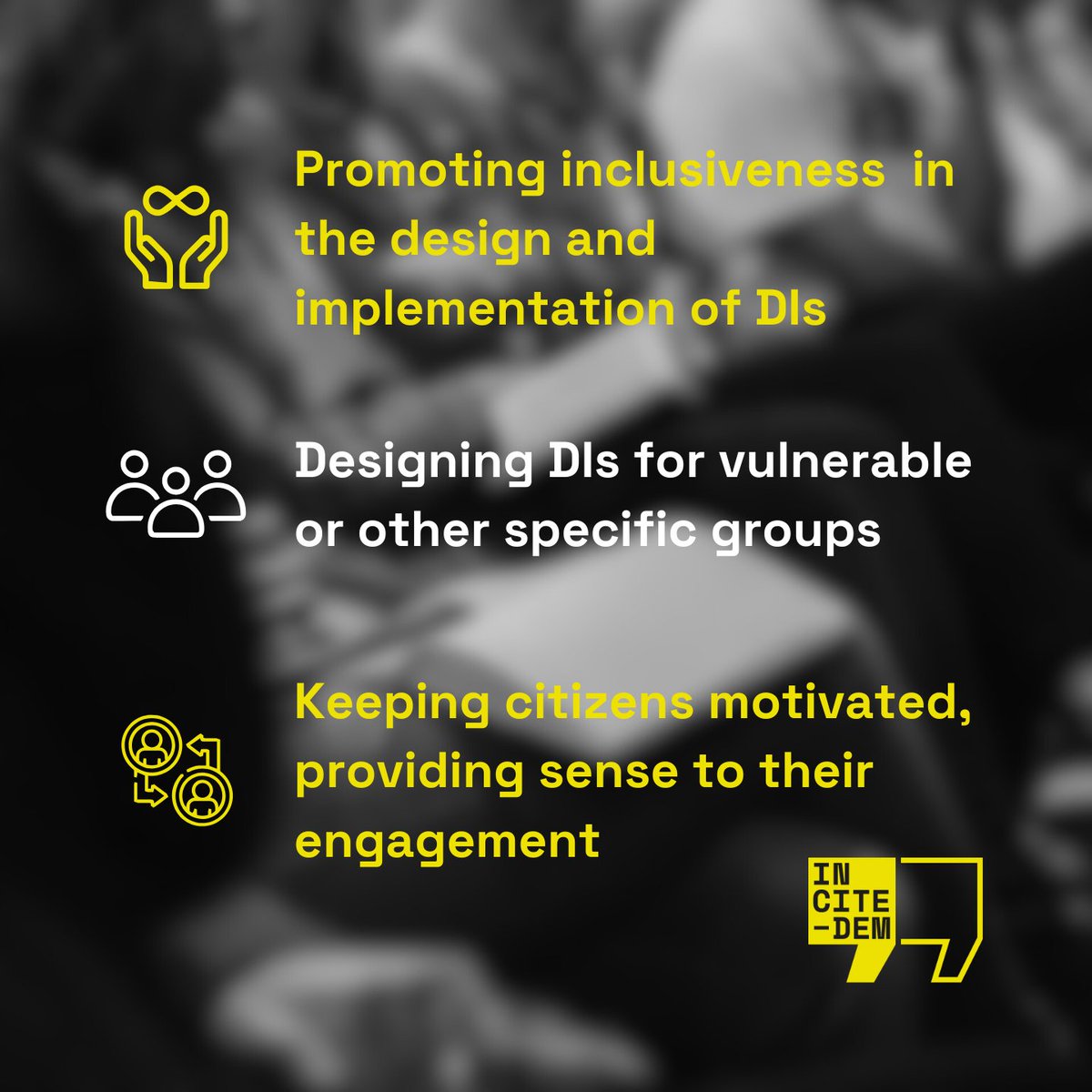🌍The #INCITEDEM Policy Brief introduces #DemocraticInnovation for the 🇪🇺.  
✅ Inclusive, equitable participation
✅ Uplift youth &amp; vulnerable voices
✅ Engage citizens with impactful methods
✅ Institutionalize public input
🔗 tinyurl.com/democraticinno…
incite-dem.eu