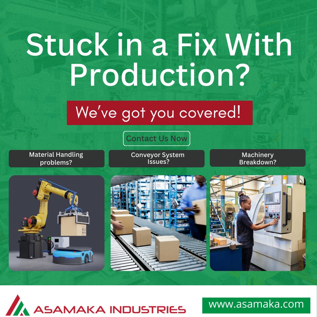 asamaka_nigeria's tweet image. Stop Struggling with Production Issues! 🔊✨
From material handling to conveyor glitches and machine breakdowns, we’ve got the solutions. let’s keep your production line running smoothly! #NigeriaManufacturing  #AutomationProduction