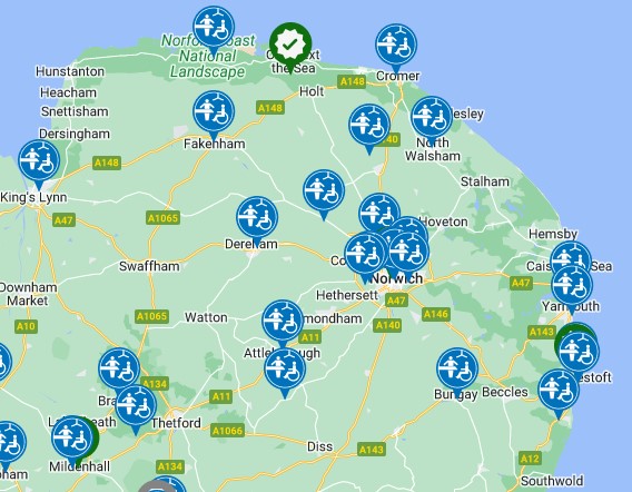Changing Places Toilets are larger accessible toilets for people who cannot use standard accessible toilets. They have equipment like hoists, curtains, adult sized changing beds, and space for carers.
Find out where they are in Norfolk here:
changing-places.org/find