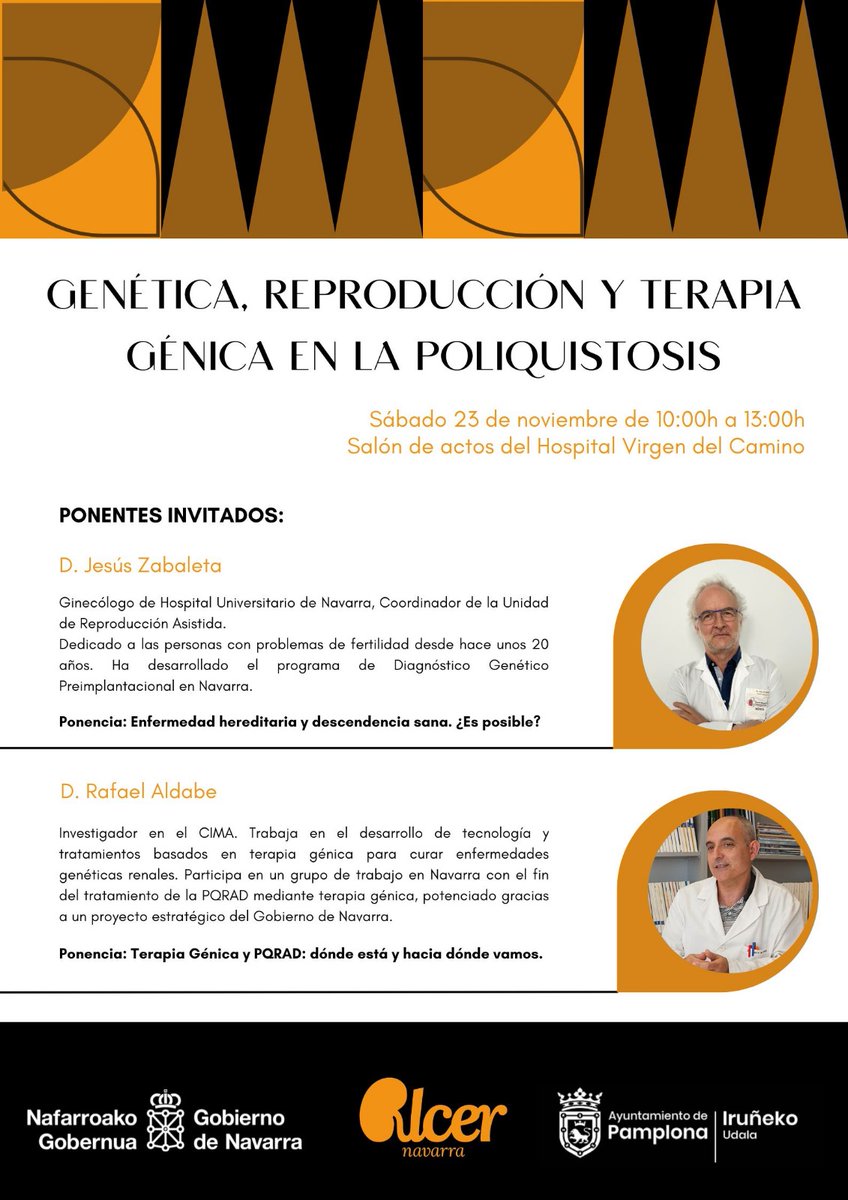 ALCER_Navarra's tweet photo. Próxima celebración de la Jornada “GENÉTICA, REPRODUCCIÓN Y TERAPIA GÉNICA EN LA POLIQUISTOSIS”, dirigida a personas con poliquistosis,  ciudadanía en general y profesionales de la salud. 

📍23 de noviembre
🏥 Salón de actos del HVC
⌚10h a 13:h

¡Os esperamos!

#PQRAD 
#Alcer https://t.co/LwGTDRphTZ