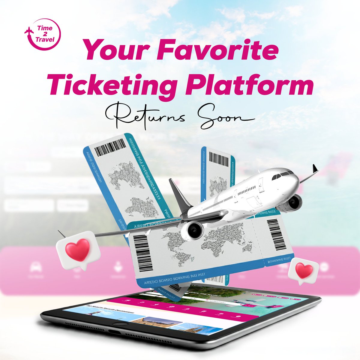 Ready to take off? ✈️ 
Time2Travel is coming back with a whole new level of excitement! 🎉 
Get ready to book your tickets in a whole new way—fast, easy, and exciting! 🌍
#Time2Travel #ComingSoon #TravelMadeEasy #Safar #Cashback #TravelGoals #TravelInspiration #DreamVacation