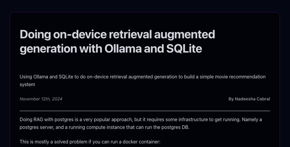 We just dropped a blog post about doing on-device local RAG using Ollama, sqlite, sqlite-vec and mxbai-embed-large.
