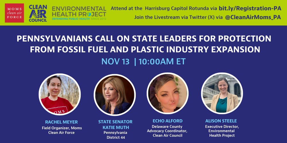 On Nov 13, 2024, at 10:00 am, <a href="/CleanAirMoms_PA/">Pennsylvania Moms</a>, <a href="/SenatorMuth/">Senator Katie Muth</a>, Environmental Health Project &amp; <a href="/CleanAirCouncil/">Clean Air Council</a> will gather at the PA State Capitol Rotunda for a press conference, calling on state leaders to safeguard Pennsylvanians from fossil fuel and plastic industry buildout.