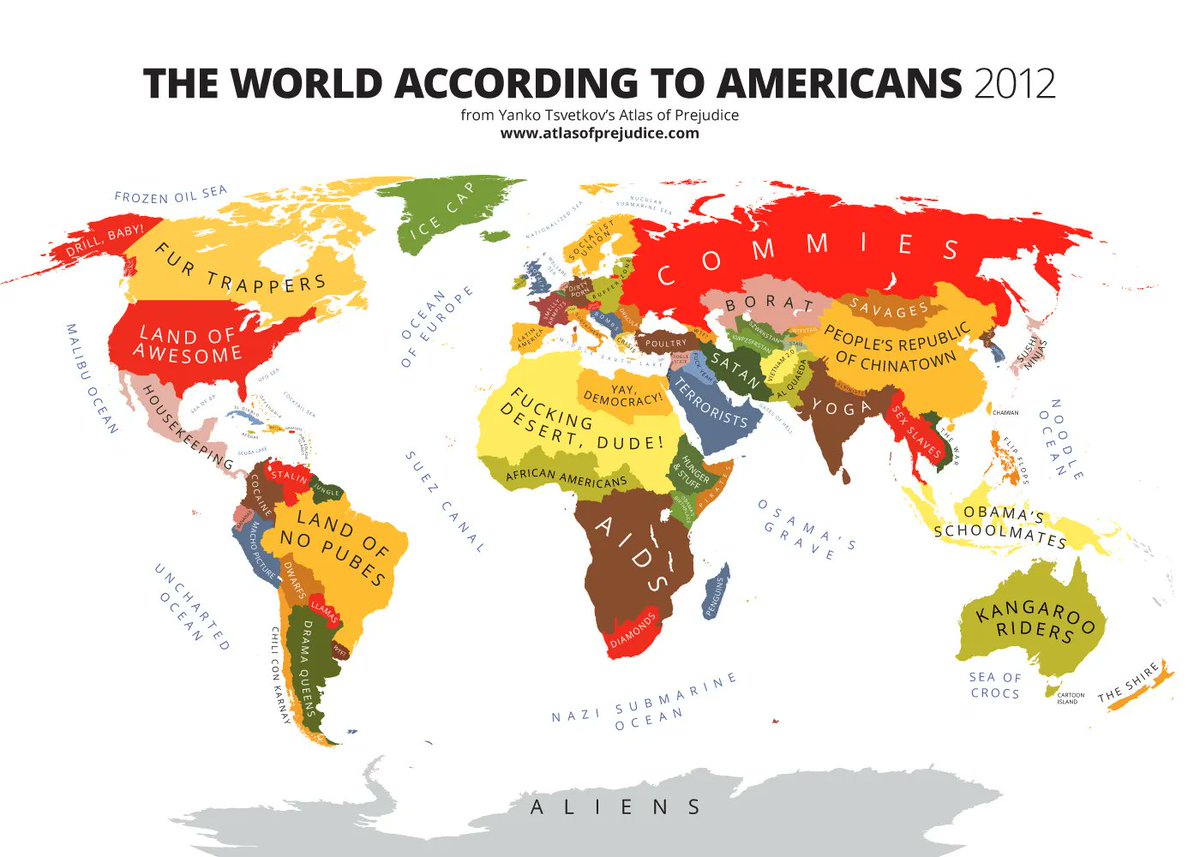 ROIhacker's tweet image. The World according to Americans
#Geography
credit : atlasofprejudice.com