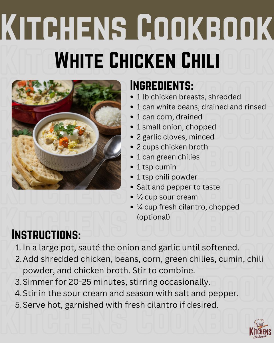 KitchnsCookBook's tweet photo. Warm up with a bowl of White Chicken Chili! A delicious, creamy, and flavorful recipe that’s perfect for chilly days. Ready in no time with simple ingredients. #whitechickenchili #chilirecipe #comfortfood #easyrecipes #fallrecipes #dinner #foodie #recipe https://t.co/WSyhNx8Ral