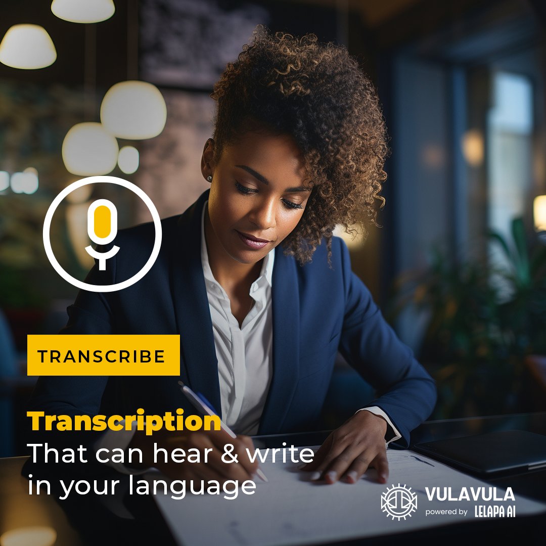 LelapaAI's tweet image. Your content should be understood by everyone, in any language. Vulavula’s Transcribe feature enables fast, accurate transcription in African languages, making it easier than ever to reach diverse audiences. Explore #Vulavula now: lelapa.ai #LelapaAI #MultilingualAI