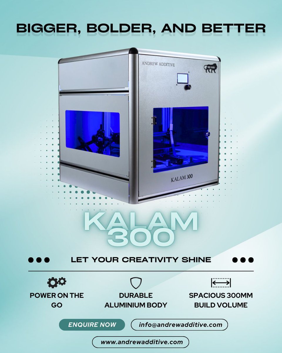 🔹 Sturdy Aluminium Frame for lasting durability. 🔹 Generous 300mm Build Volume for larger creations. Discover the KALAM 300 difference. Visit buff.ly/4eofS8F 
#KALAM300 #3DPrinting #EngineeringExcellence #AndrewAdditive #InnovationInMaking