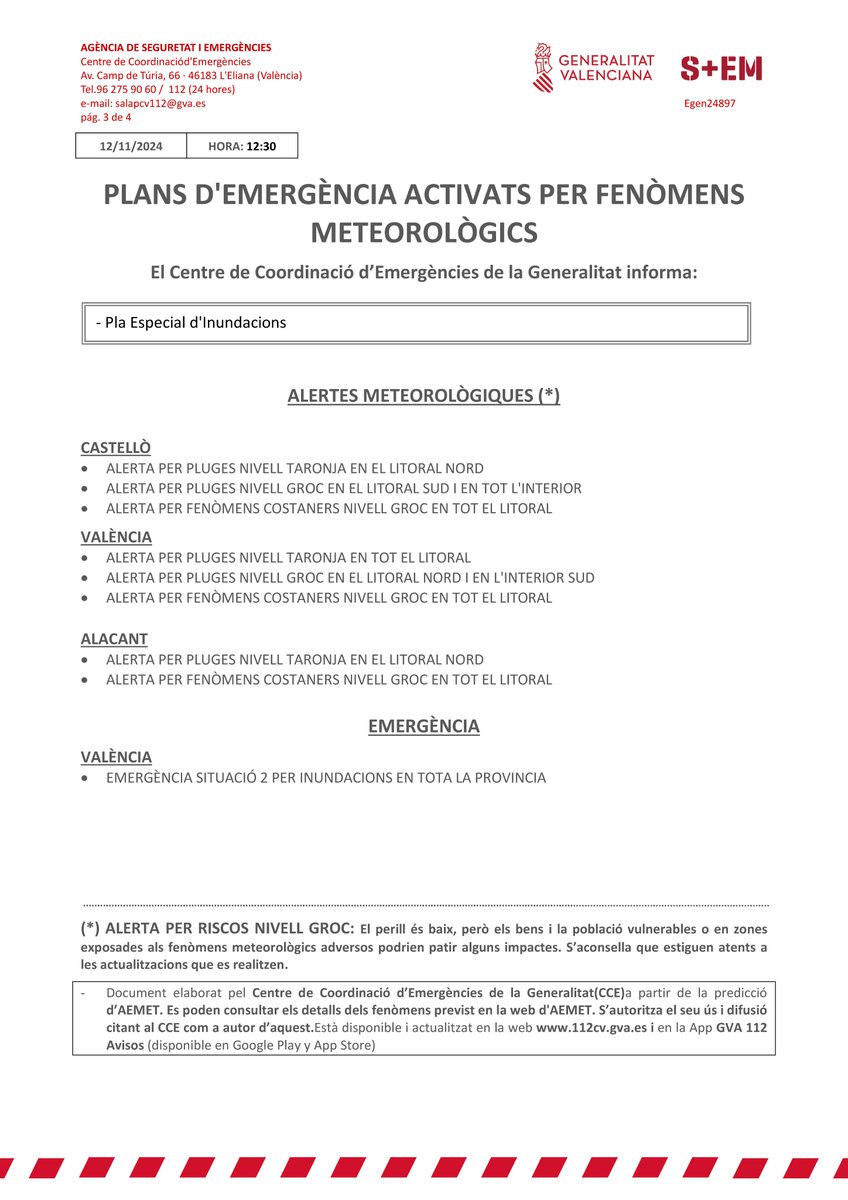 GVA112's tweet photo. (12:30h.) ⛈️Actualización de Fenómenos Adversos:

 El Centro de Coordinación de Emergencias informa:
🟠Alerta por lluvias nivel naranja en el litoral norte de Castellón y de Alicante y todo el litoral de Valencia
🟡Alerta por lluvias nivel amarillo interior sur de Valencia y la provincia de Castellón, excepto el litoral norte
🟡Alerta por fenómeno costero en el litoral de la Comunitat Valenciana

🚨Se mantiene la situación 2 del Plan de Inundaciones en toda la provincia de Valencia.

💧 Precipitación máxima acumulada en 1h de 40l/m y en 12h de 120l/m2 con posibilidad de tormentas en las zonas de nivel naranja.
🌊Se prevé vientos del nordeste de 50 a 60 km/h y olas de 2 a 3m. Fuente: @AEMET_CValencia