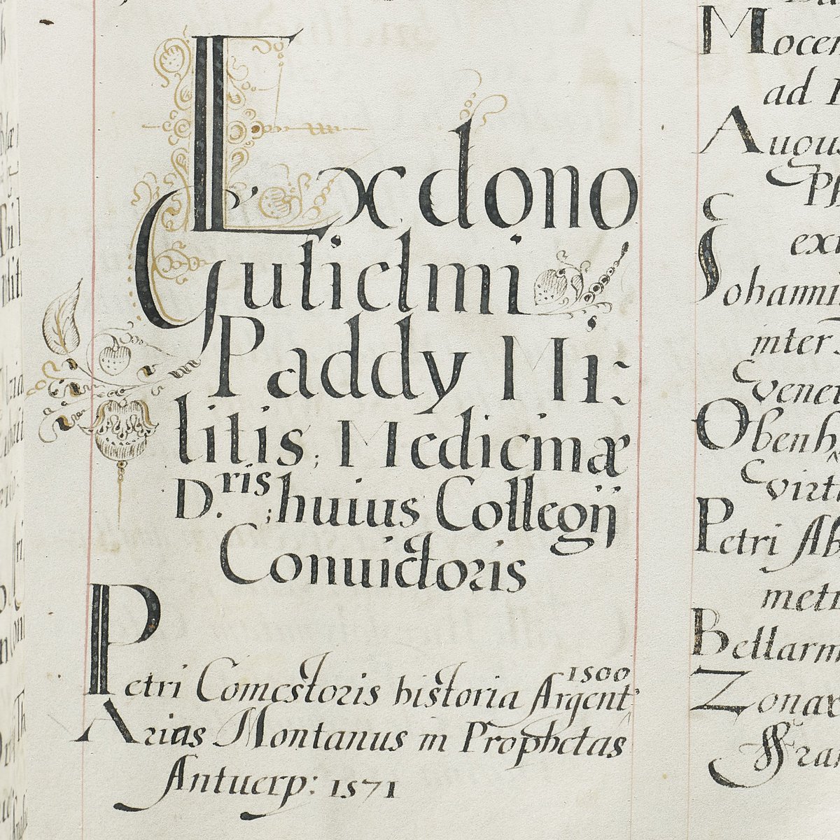 I'm currently photography SJC MS 374, the Benefactor's Book of St John's College Library, which records books donated to the college in the 17th and 18th centuries. Here is the entry for William Paddy, a former student of the college who donated a large number of books (f. 15r)