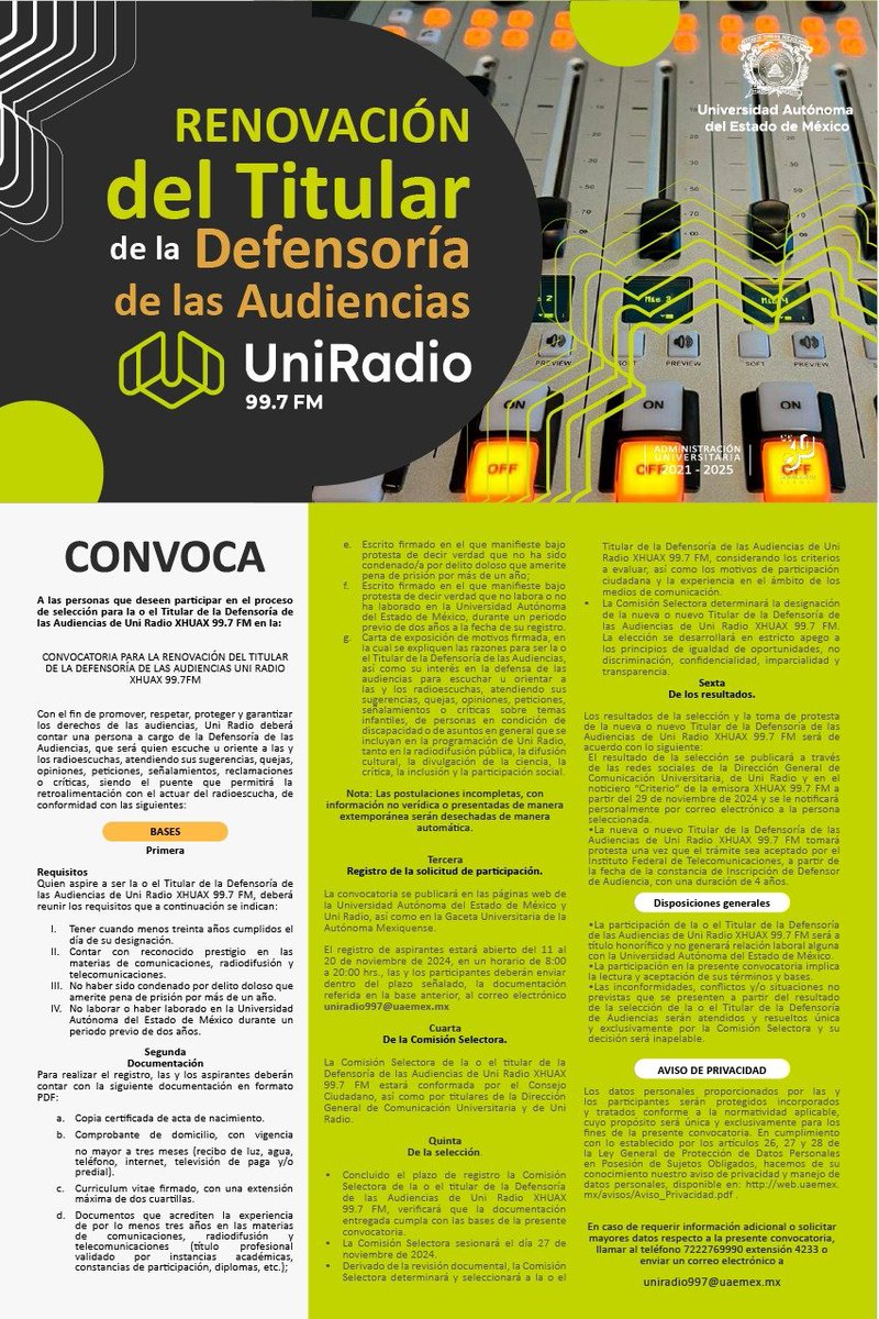 ¡Ha llegado el momento! <a href="/UniRadio997FM/">UniRadio</a> renovará a la figura titular de la #DefensoríaDeLasAudiencias
La persona en el cargo tendrá la facultad de escuchar y orientar a los radioescuchas
#UniRadio
#VaConmigo