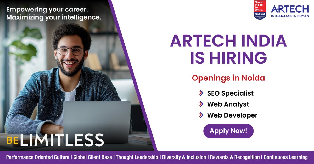 Artech_LLC's tweet image. We’re excited to announce new open positions. Join Artech, a Great Place to Work certified organization, and get the opportunity to unlock your potential and be limitless in your growth. Send your resume to Deepak.Gupta@artech.com.
#Hiring #SEO #WebAnalyst #WebDeveloper