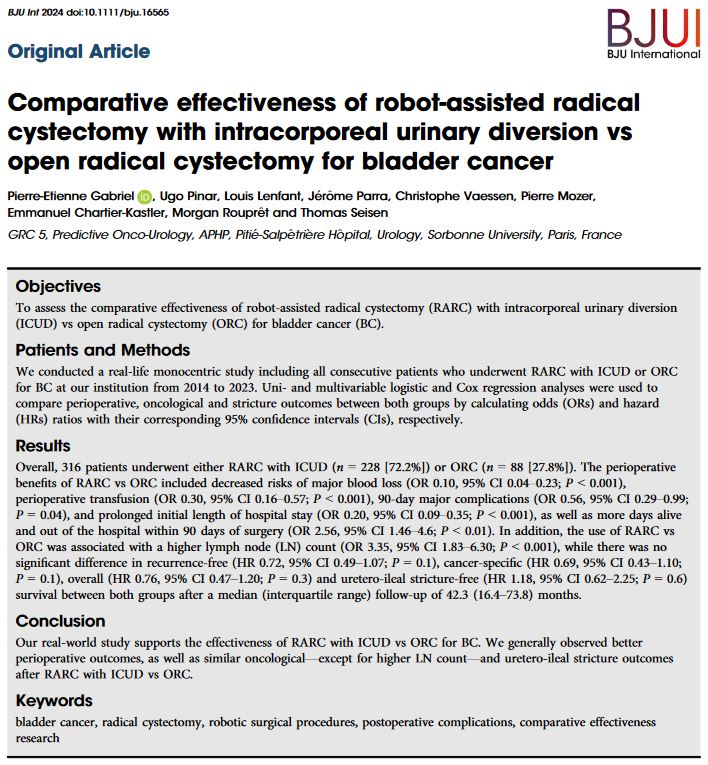 BJU International (@bjuijournal) on Twitter photo Comparative effectiveness of iRARC vs. ORC for #BladderCancer: findings from a real life study show better perioperative outcomes with similar cancer control and ureteroileal stricture outcomes after iRARC
<a href="/ThoSeisen/">Thomas Seisen</a>
doi.org/10.1111/bju.16… Comparative effectiveness of iRARC vs. ORC for #BladderCancer: findings from a real life study show better perioperative outcomes with similar cancer control and ureteroileal stricture outcomes after iRARC
<a href="/ThoSeisen/">Thomas Seisen</a>
doi.org/10.1111/bju.16…
