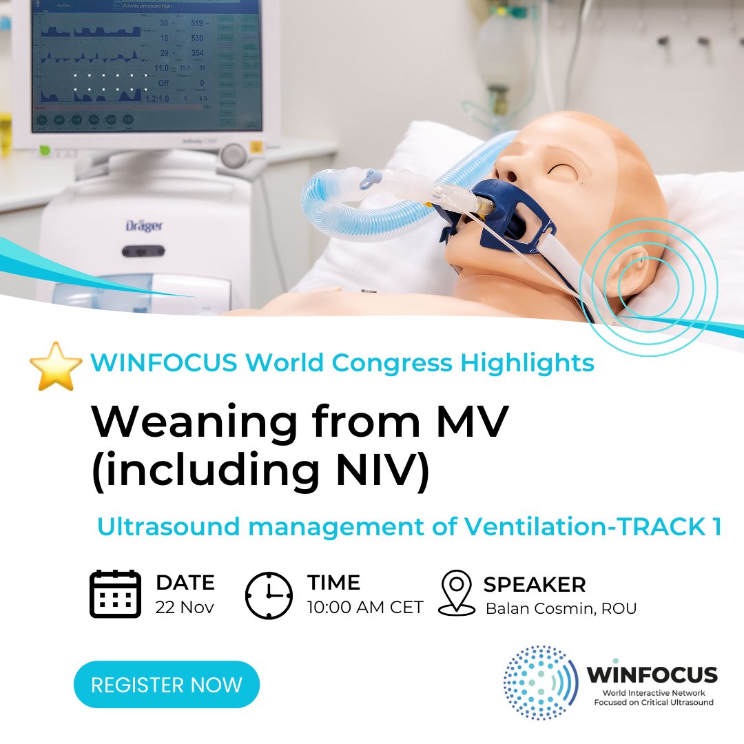 📷 Discover the Highlights of this year's WINFOCUS World Congress!

Join us for the "Weaning from MV (including NIV)" lecture, part of the "Ultrasound Management of Ventilation" session on November 22 at 10 AM CET, presented by Balan Cosmin, ROU. 

Don’t miss out on valuable