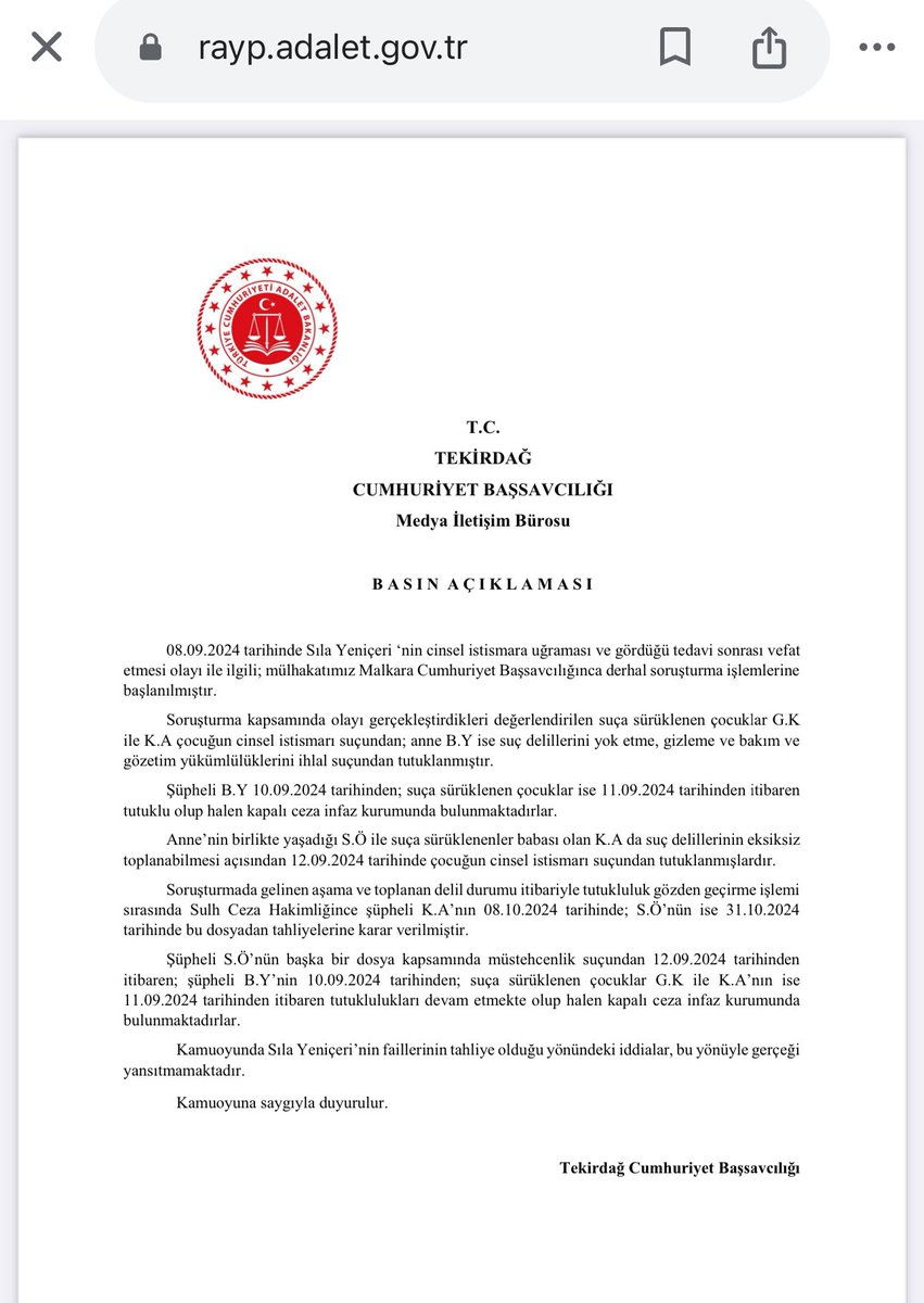 ❌ “Sıla bebeğin istismar ve öldürülmesi davasında faillerin tahliye edildiği” iddia edildi.

✅ Söz konusu iddia yalandır. Sıla Yeniçeri bebeğin ölümüyle ilgili soruşturmada, tutuklu bulunan 18 yaş altı iki şüpheli ve anne hâlâ tutukludur.